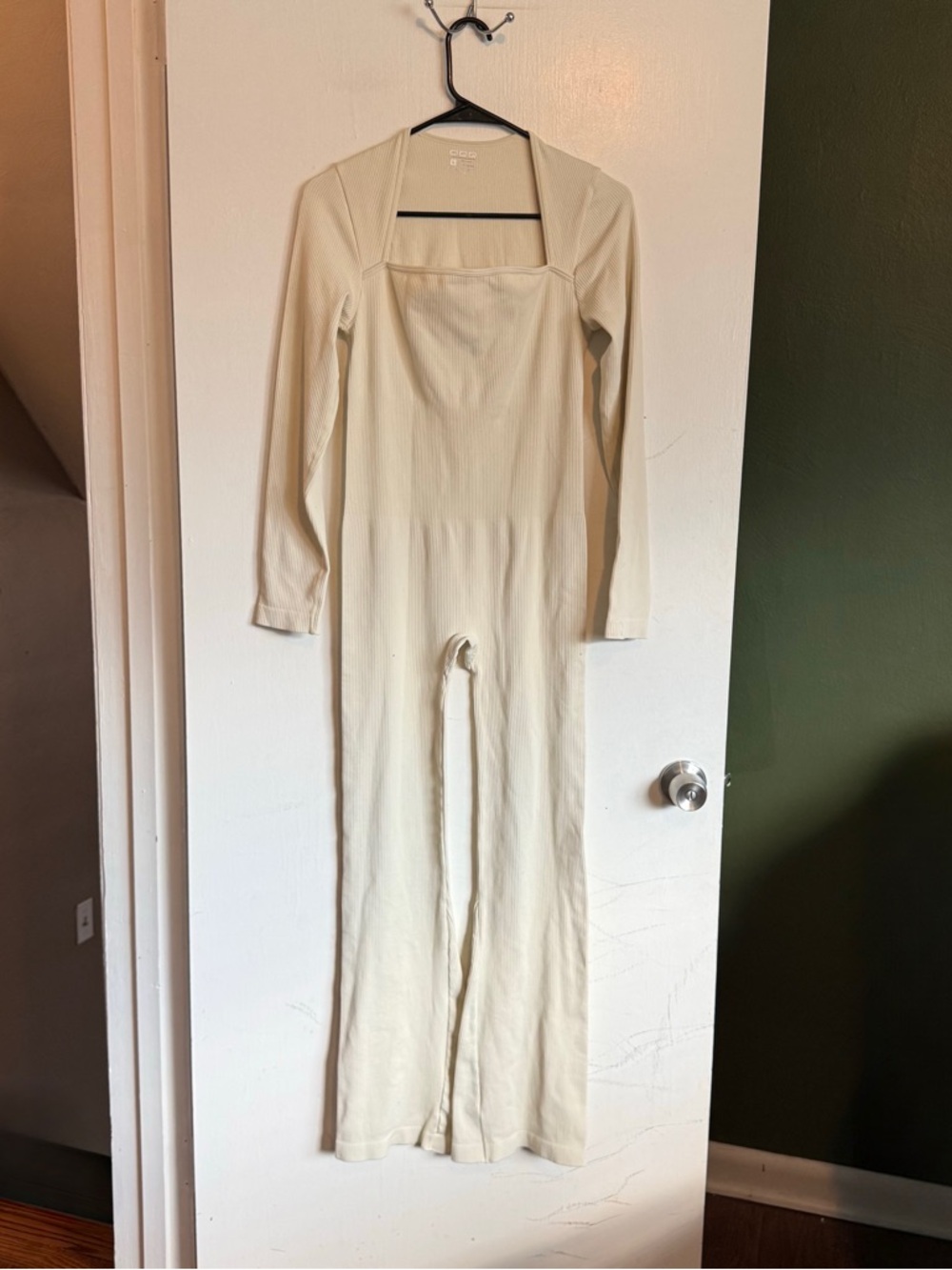 OQQ ivory cream long sleeve ribbed long sleeve flared bottom fitted jumpsuit